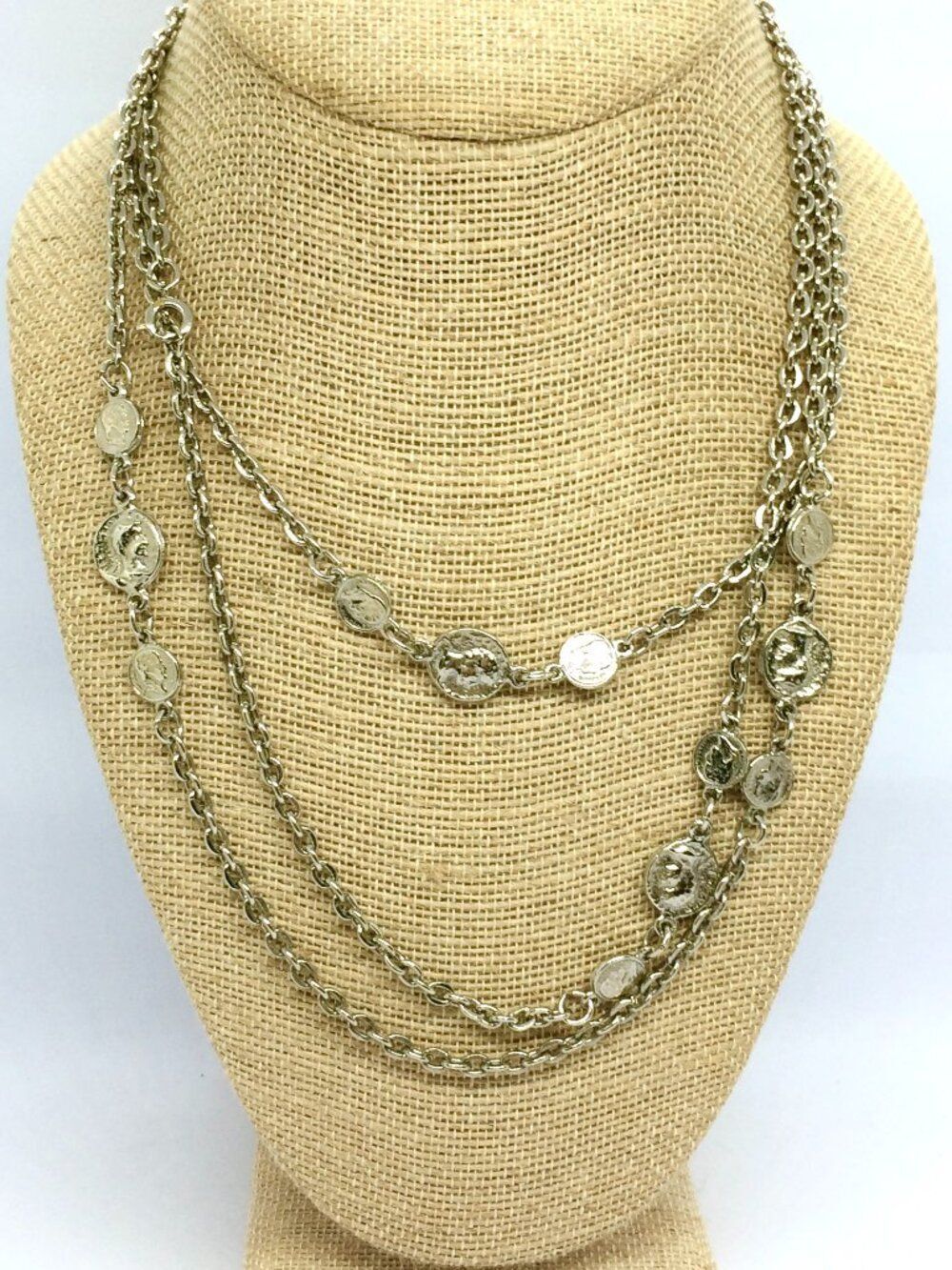 VINTAGE COIN NECKLACE Long Layered Silver Tone Runway Statement 56”